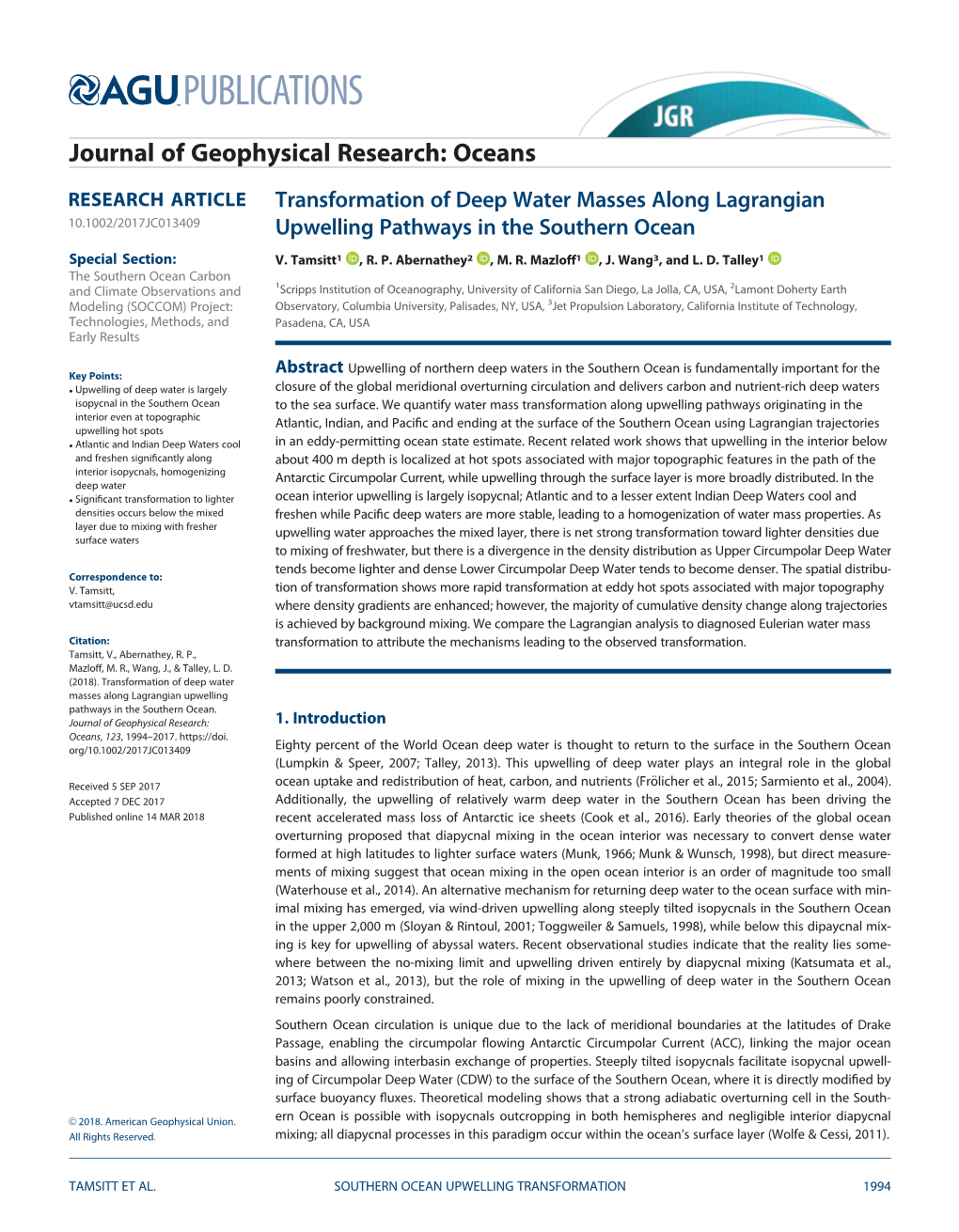 Transformation of Deep Water Masses Along Lagrangian Upwelling Pathways in the Southern Ocean