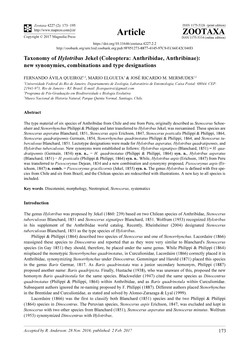 Coleoptera: Anthribidae, Anthribinae): New Synonymies, Combinations and Type Designations