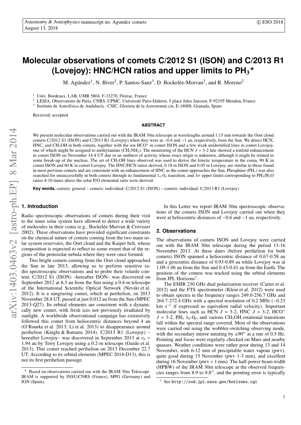 Molecular Observations of Comets C/2012 S1 (ISON) and C/2013 R1 ? (Lovejoy): HNC/HCN Ratios and Upper Limits to PH3 M