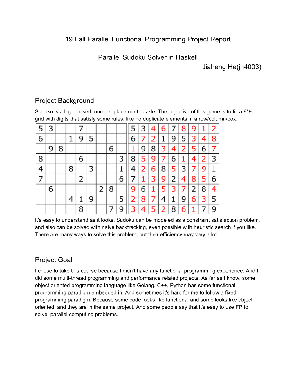 19 Fall Parallel Functional Programming Project Report Parallel Sudoku Solver in Haskell Jiaheng He(Jh4003) Project Background P