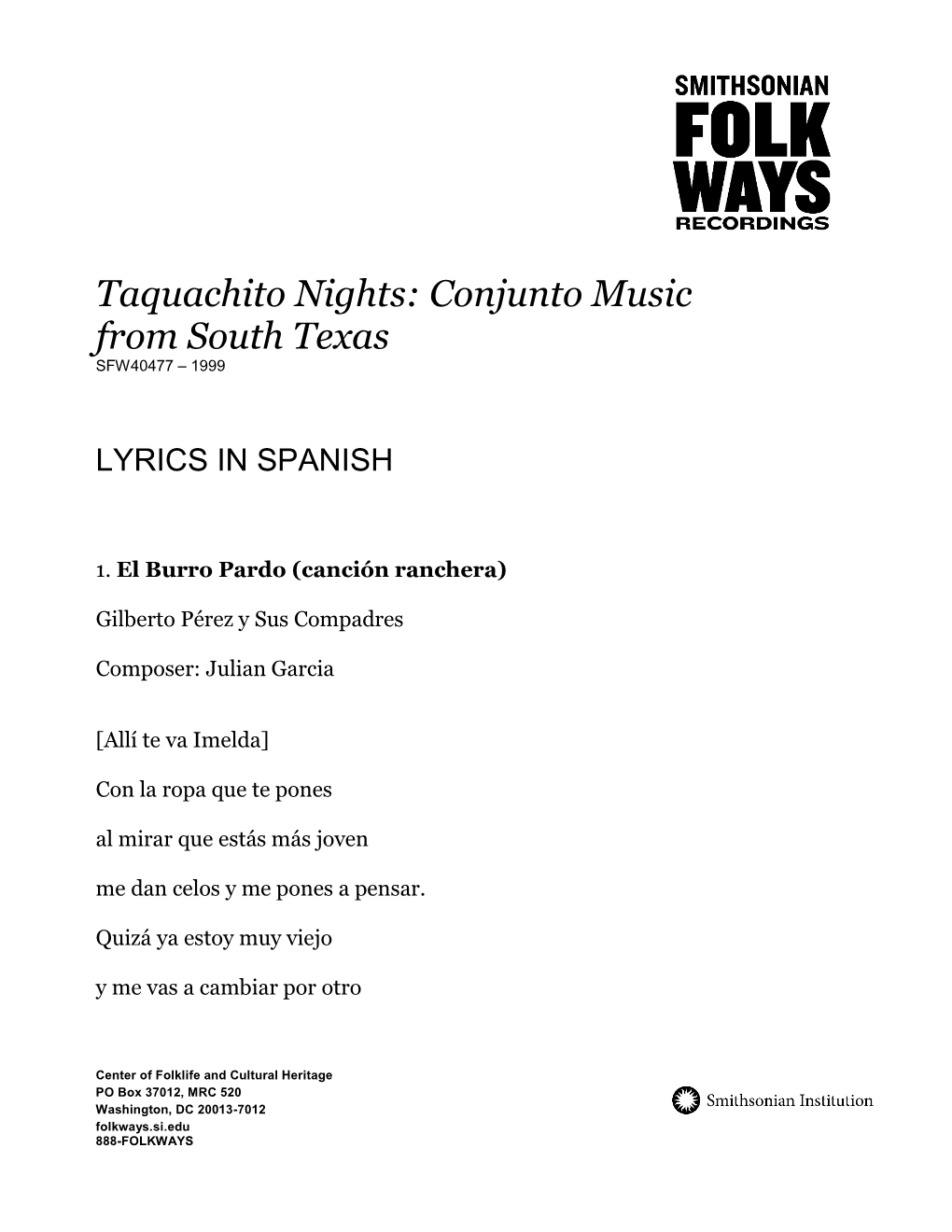 Taquachito Nights: Conjunto Music from South Texas SFW40477 – 1999