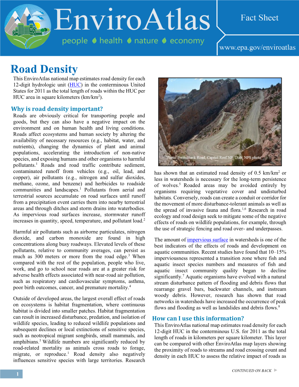 Road Density, Enviroatlas National Data Fact Sheet, March 2020
