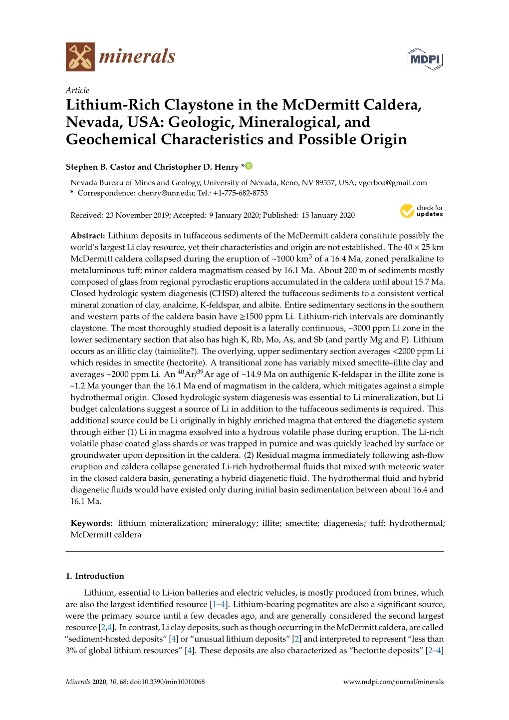 Lithium-Rich Claystone in the Mcdermitt Caldera, Nevada, USA: Geologic, Mineralogical, and Geochemical Characteristics and Possible Origin