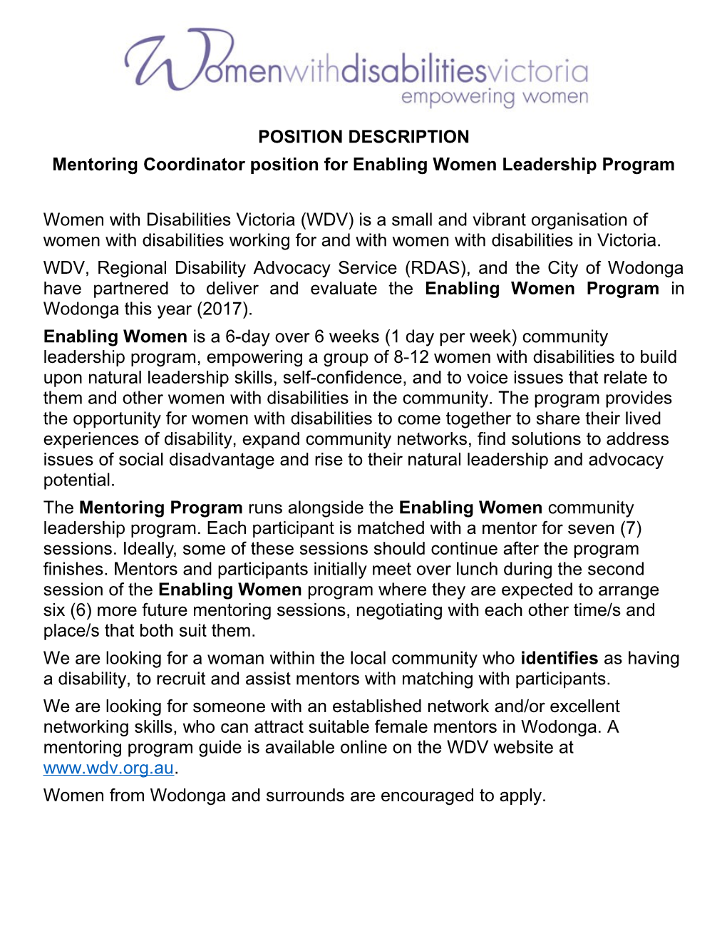 Mentoring Coordinator Position for Enabling Women Leadership Program