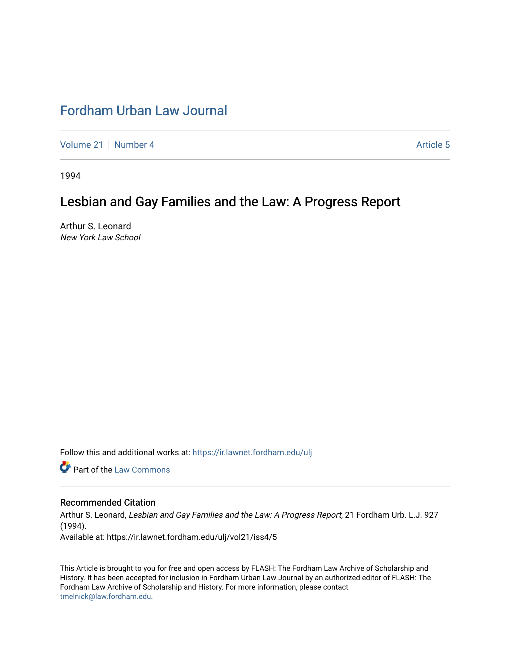 Lesbian and Gay Families and the Law: a Progress Report