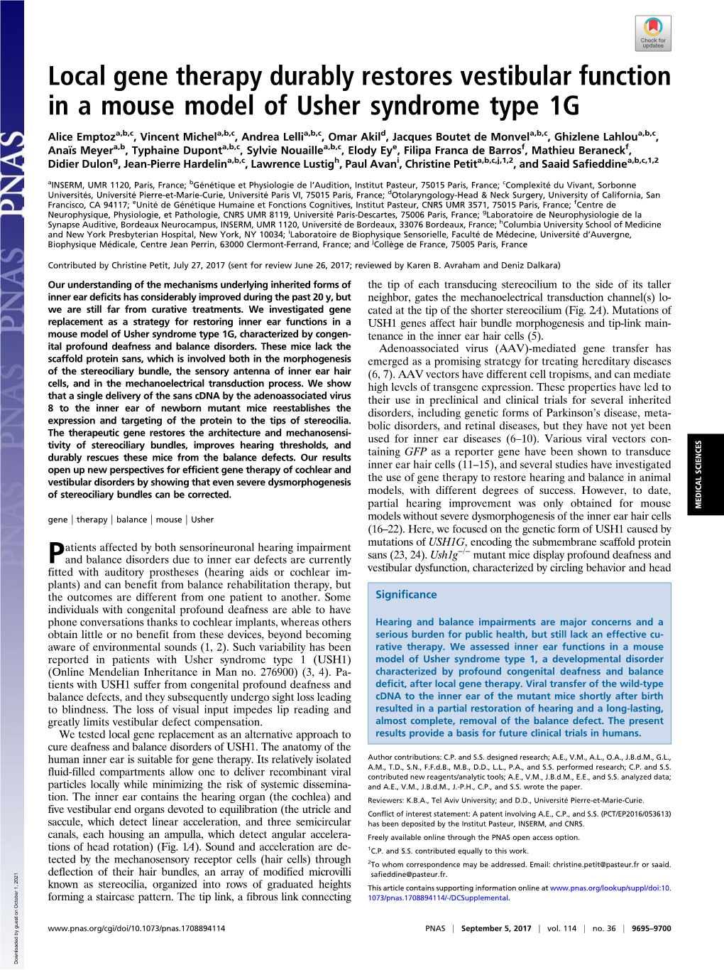 Local Gene Therapy Durably Restores Vestibular Function in a Mouse Model of Usher Syndrome Type 1G