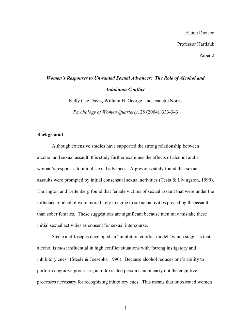 Women S Responses to Unwanted Sexual Advances: the Role of Alcohol and Inhibition Conflict