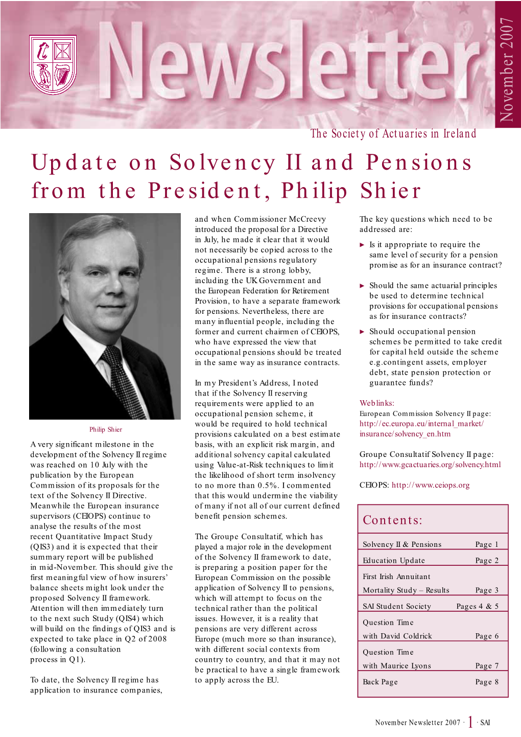 Update on Solvency II and Pensions from the President, Philip Shier