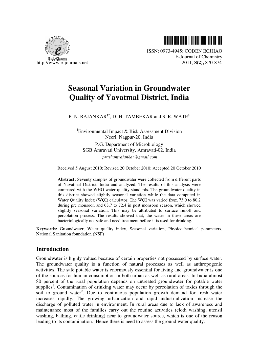 Seasonal Variation in Groundwater Quality of Yavatmal District, India