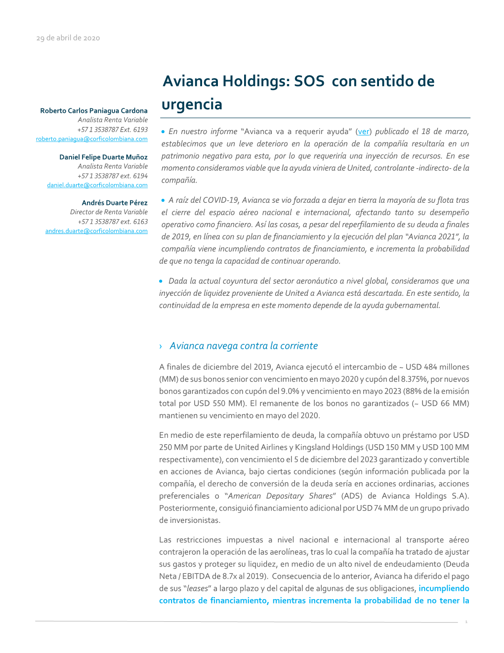 Avianca Holdings: SOS Con Sentido De Urgencia