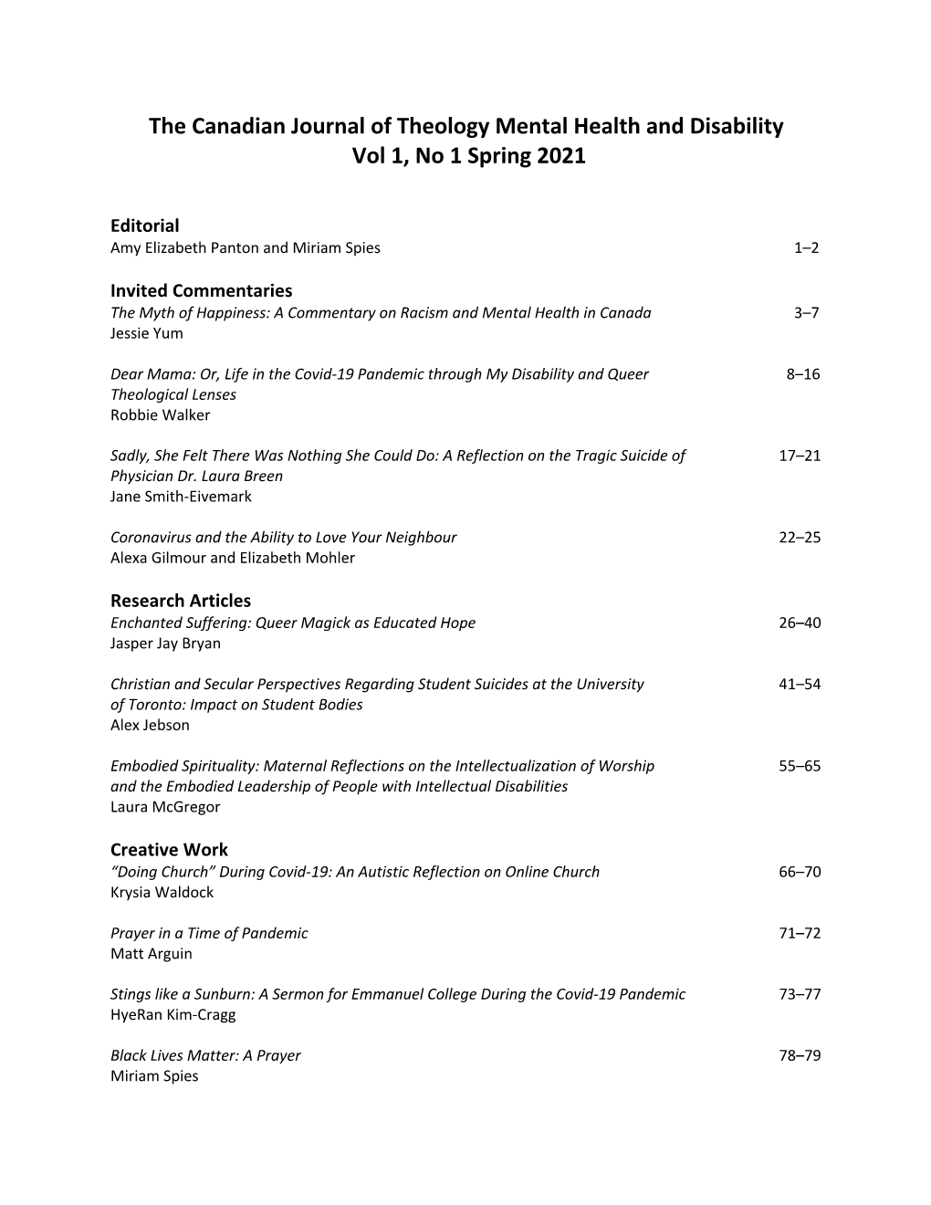 The Canadian Journal of Theology Mental Health and Disability Vol 1, No 1 Spring 2021