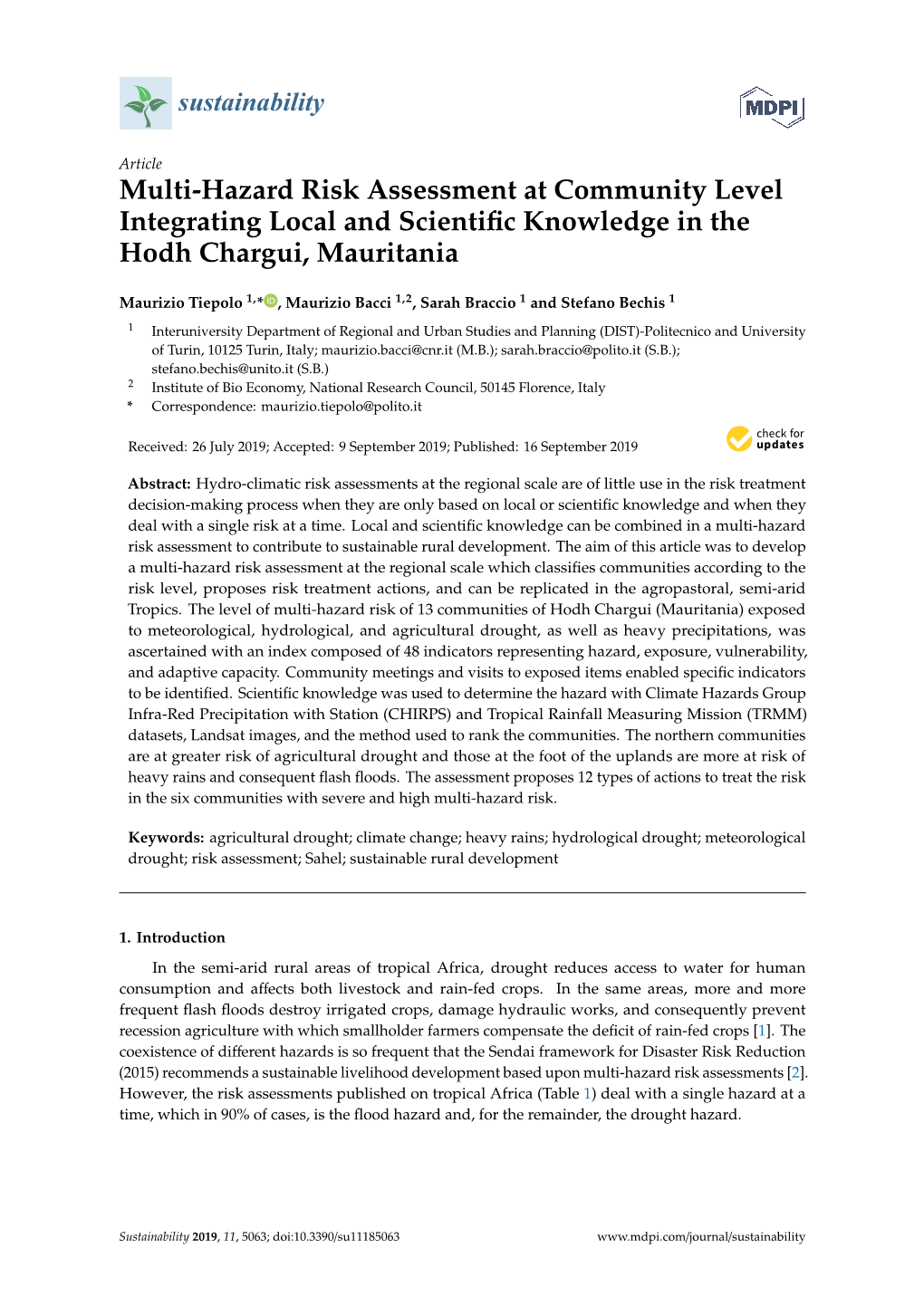 Multi-Hazard Risk Assessment at Community Level Integrating Local and Scientiﬁc Knowledge in the Hodh Chargui, Mauritania