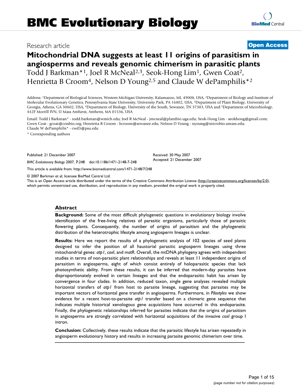 Mitochondrial DNA Suggests at Least 11 Origins of Parasitism In