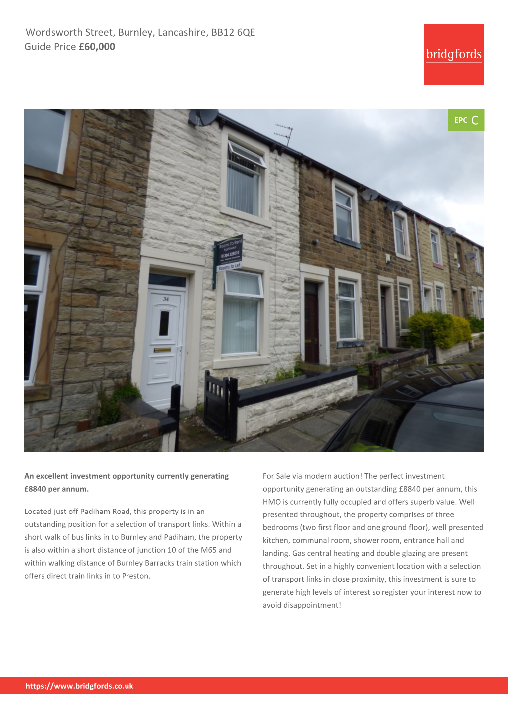 Wordsworth Street, Burnley, Lancashire, BB12 6QE Guide Price £60,000