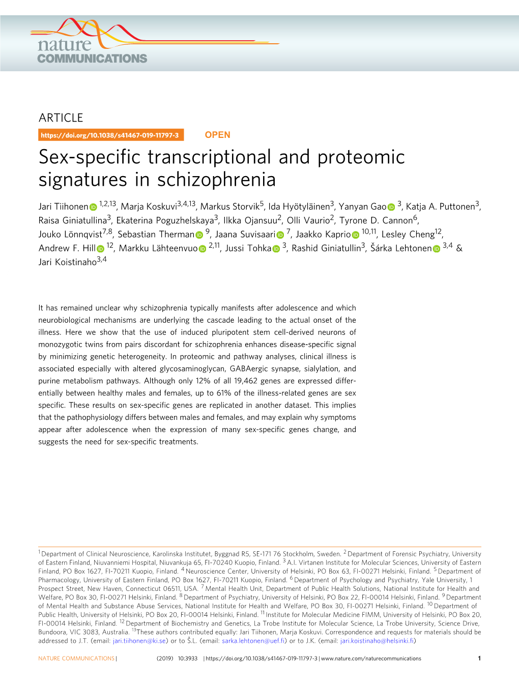 Sex-Specific Transcriptional and Proteomic Signatures in Schizophrenia