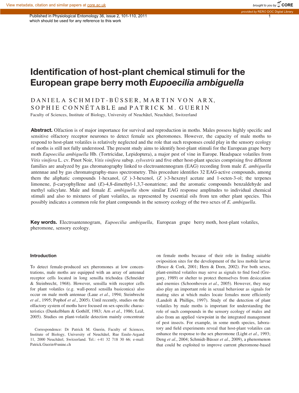 Identification of Hostplant Chemical Stimuli for the European Grape Berry