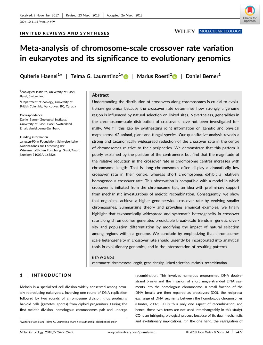 Meta‐Analysis of Chromosome‐Scale Crossover Rate Variation In