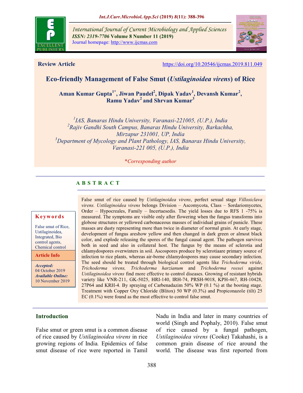 Eco-Friendly Management of False Smut (Ustilaginoidea Virens) of Rice