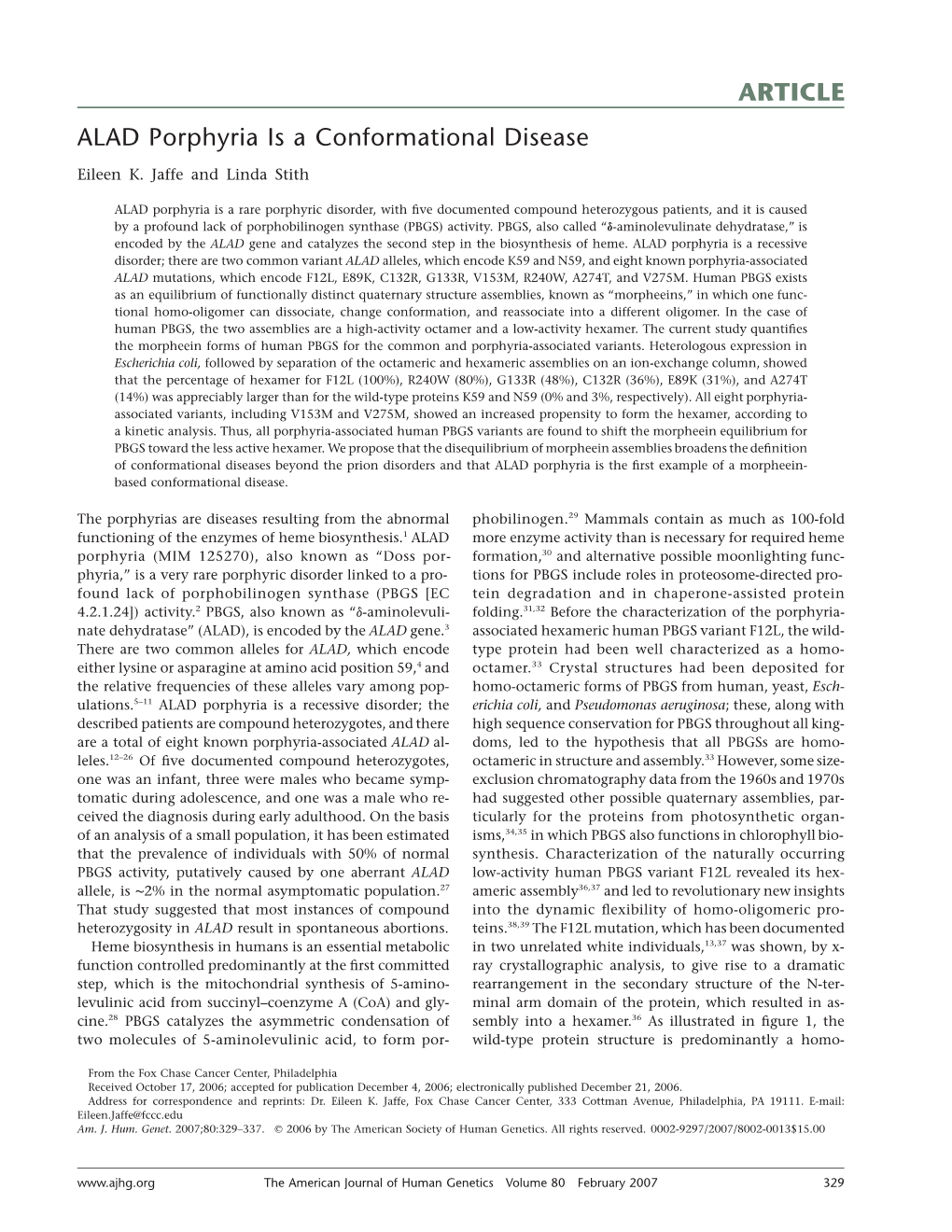 ARTICLE ALAD Porphyria Is a Conformational Disease