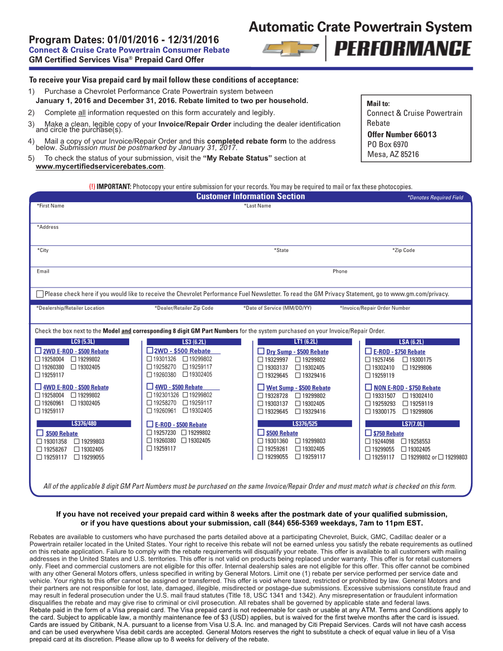 2016 Connect & Cruise Crate Powertrain Consumer Rebate