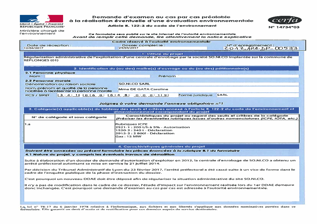 Dossier Déclaré Complet Le 24/04/2017