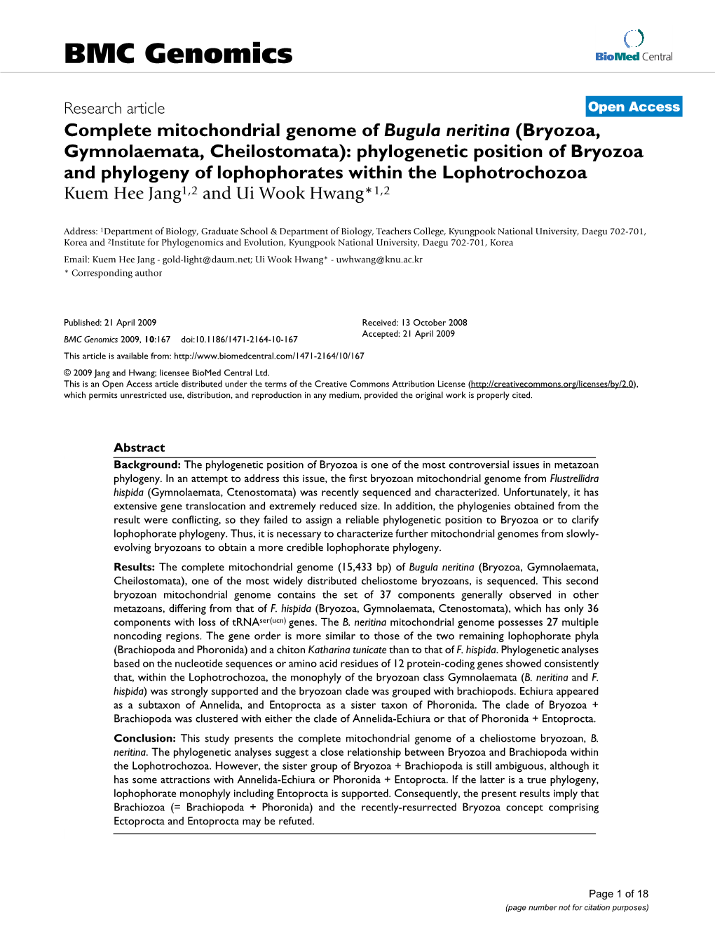 Complete Mitochondrial Genome of Bugula Neritina (Bryozoa