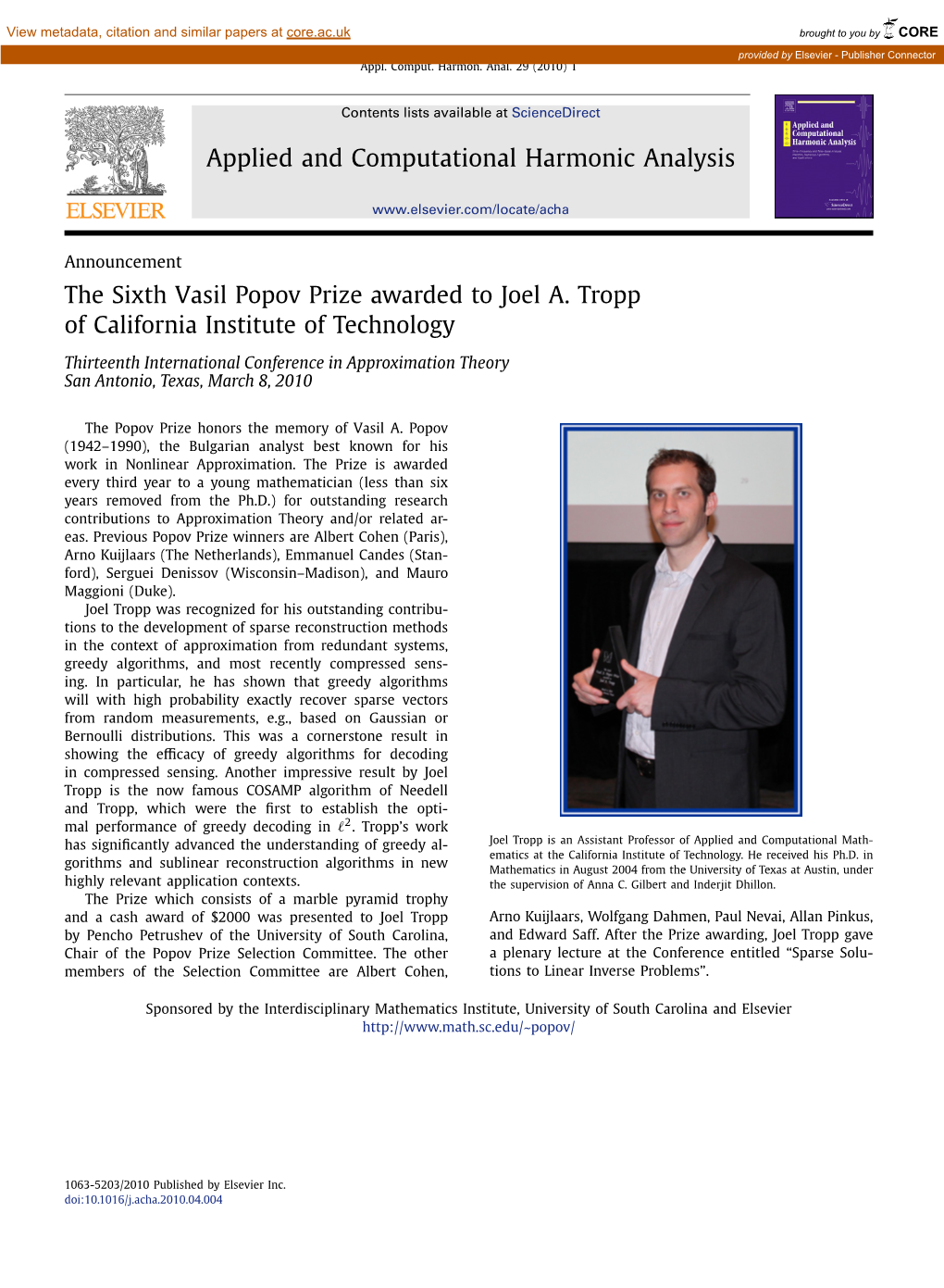 The Sixth Vasil Popov Prize Awarded to Joel A. Tropp of California Institute of Technology