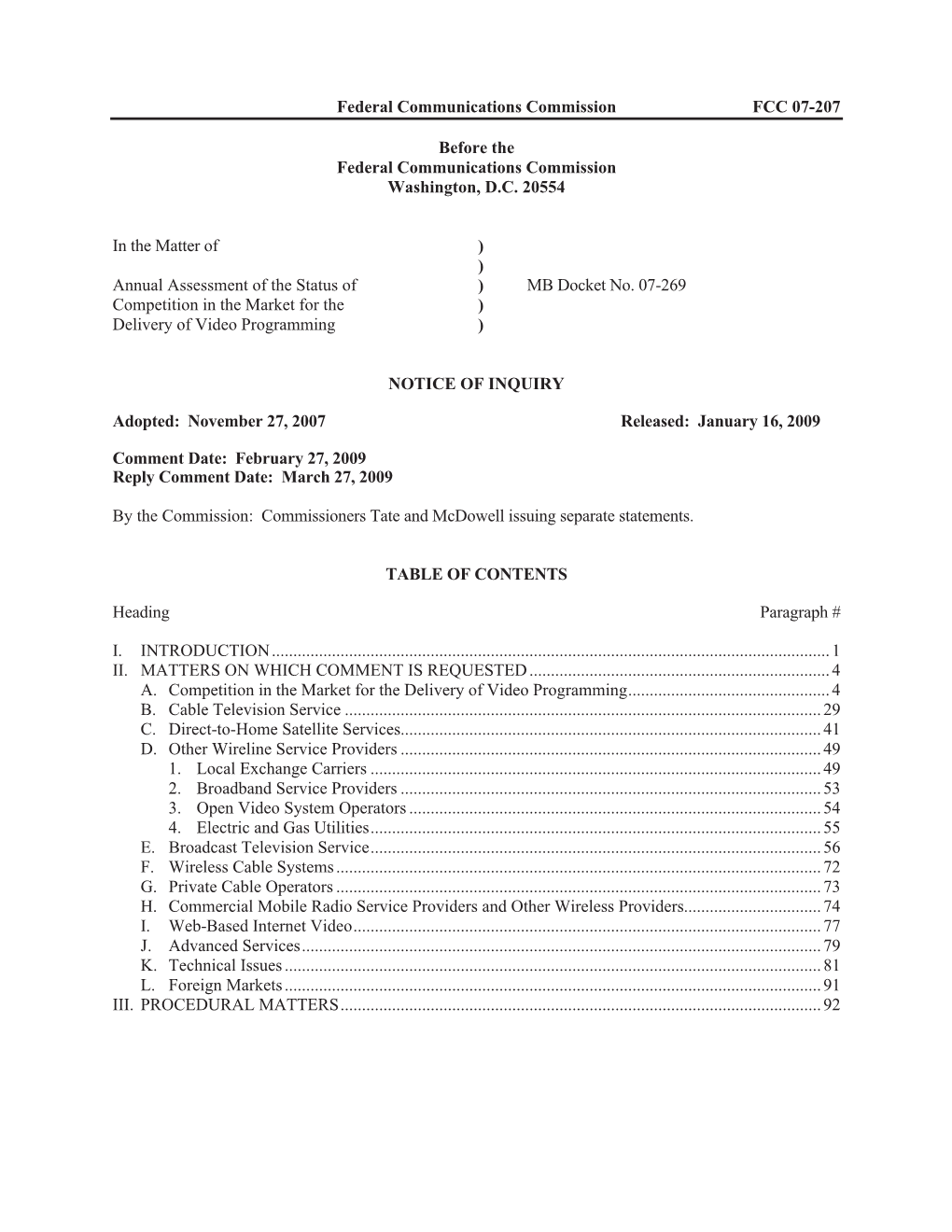 Federal Communications Commission FCC 07-207 Before the Federal