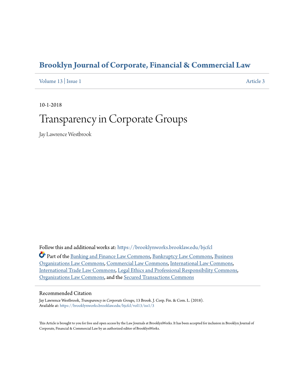 Transparency in Corporate Groups Jay Lawrence Westbrook