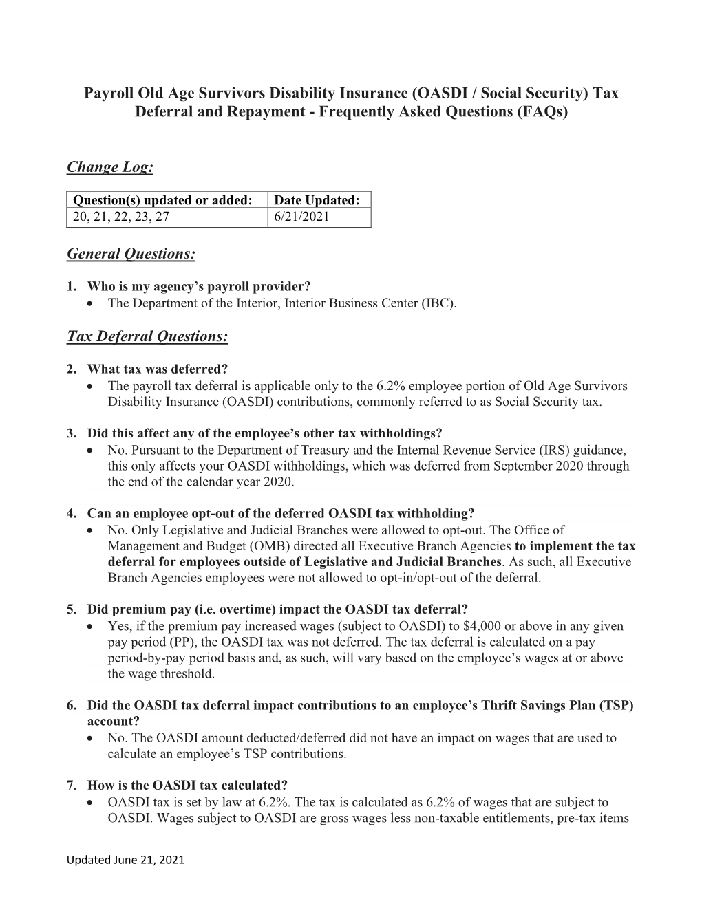 (OASDI/Social Security) Tax Deferral and Repayment