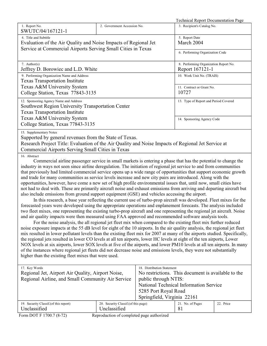 SWUTC/04/167121-1 March 2004 Evaluation of the Air Quality And