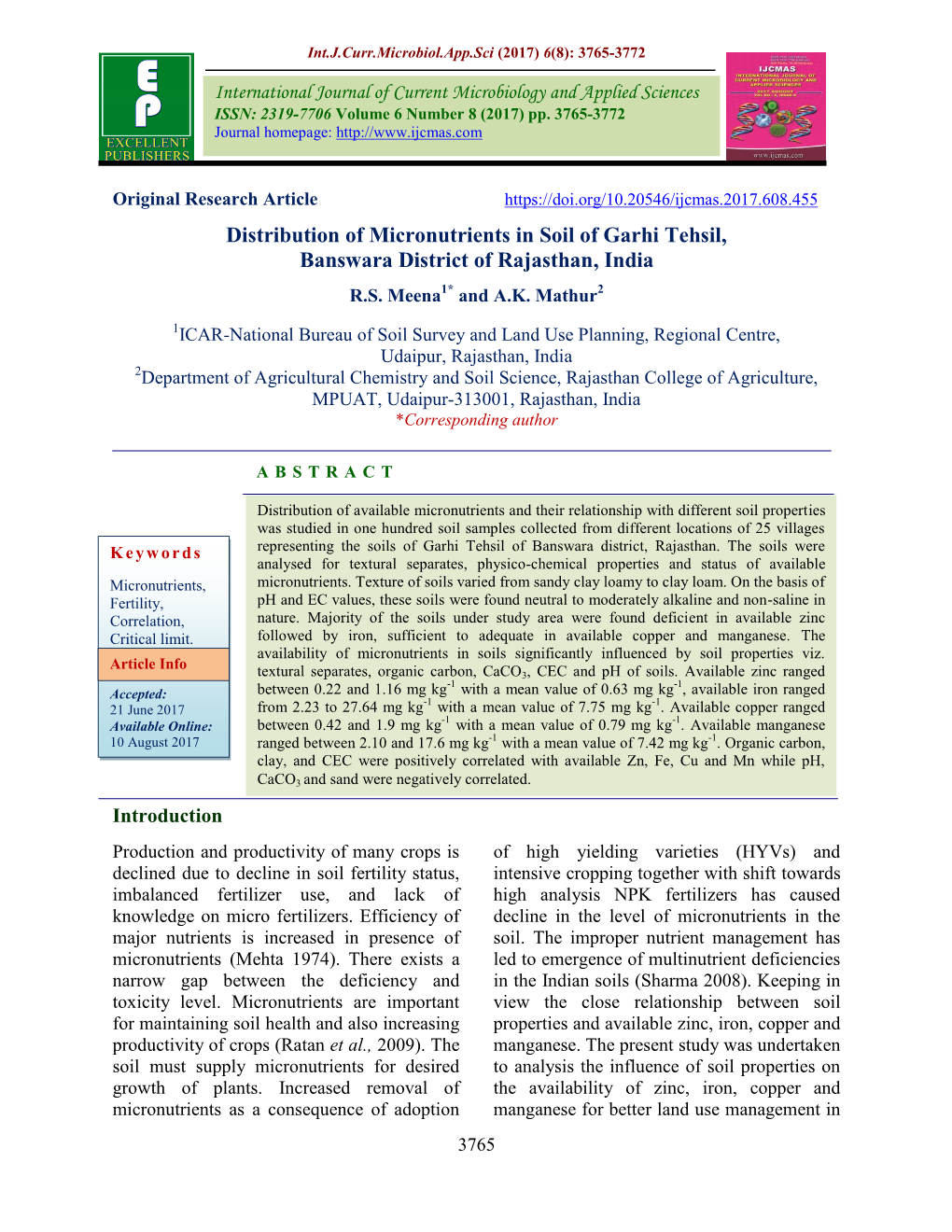 Distribution of Micronutrients in Soil of Garhi Tehsil, Banswara District of Rajasthan, India