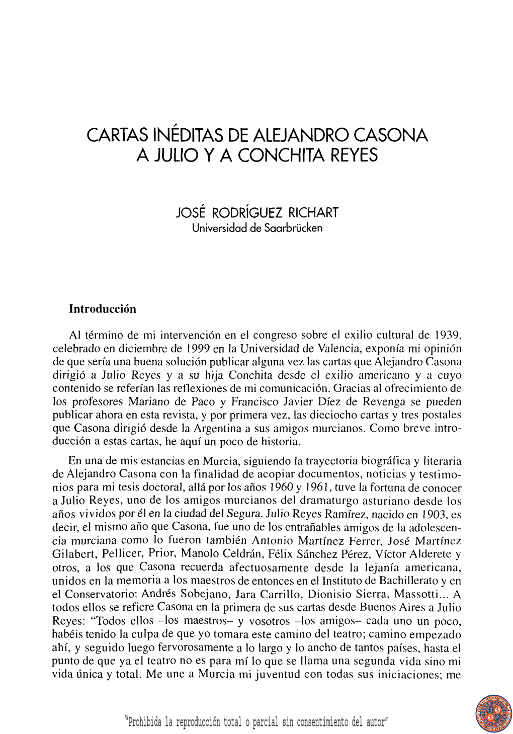 Cartas Inéditas De Alejandro Casona a Julio Y a Conchita Reyes