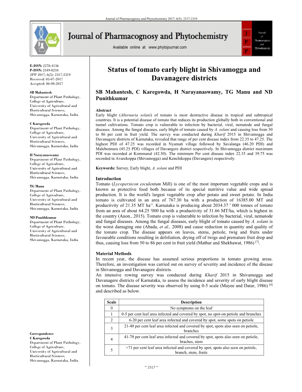 Status of Tomato Early Blight in Shivamogga and Davanagere