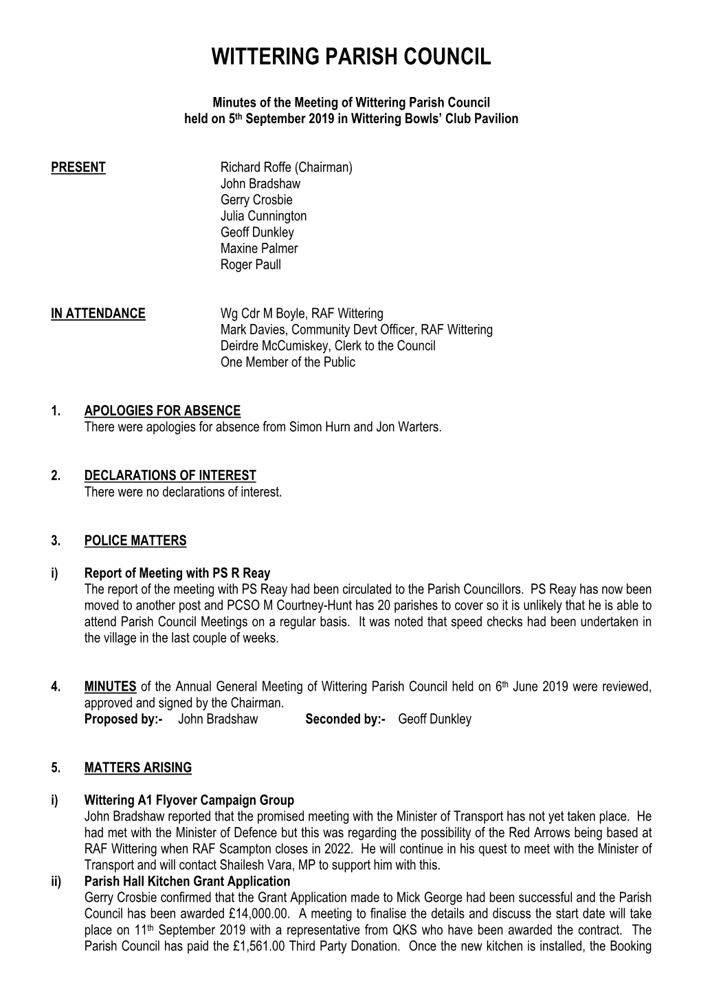 Minutes of the Meeting of Wittering Parish Council Held on 5Th September 2019 in Wittering Bowls’ Club Pavilion