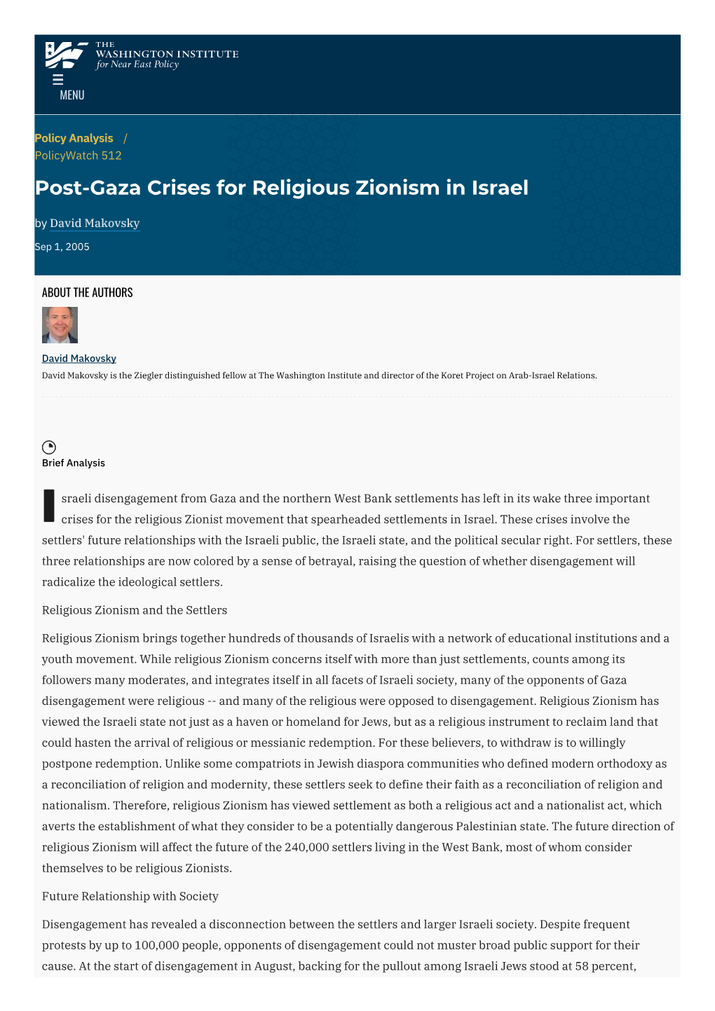 Post-Gaza Crises for Religious Zionism in Israel by David Makovsky