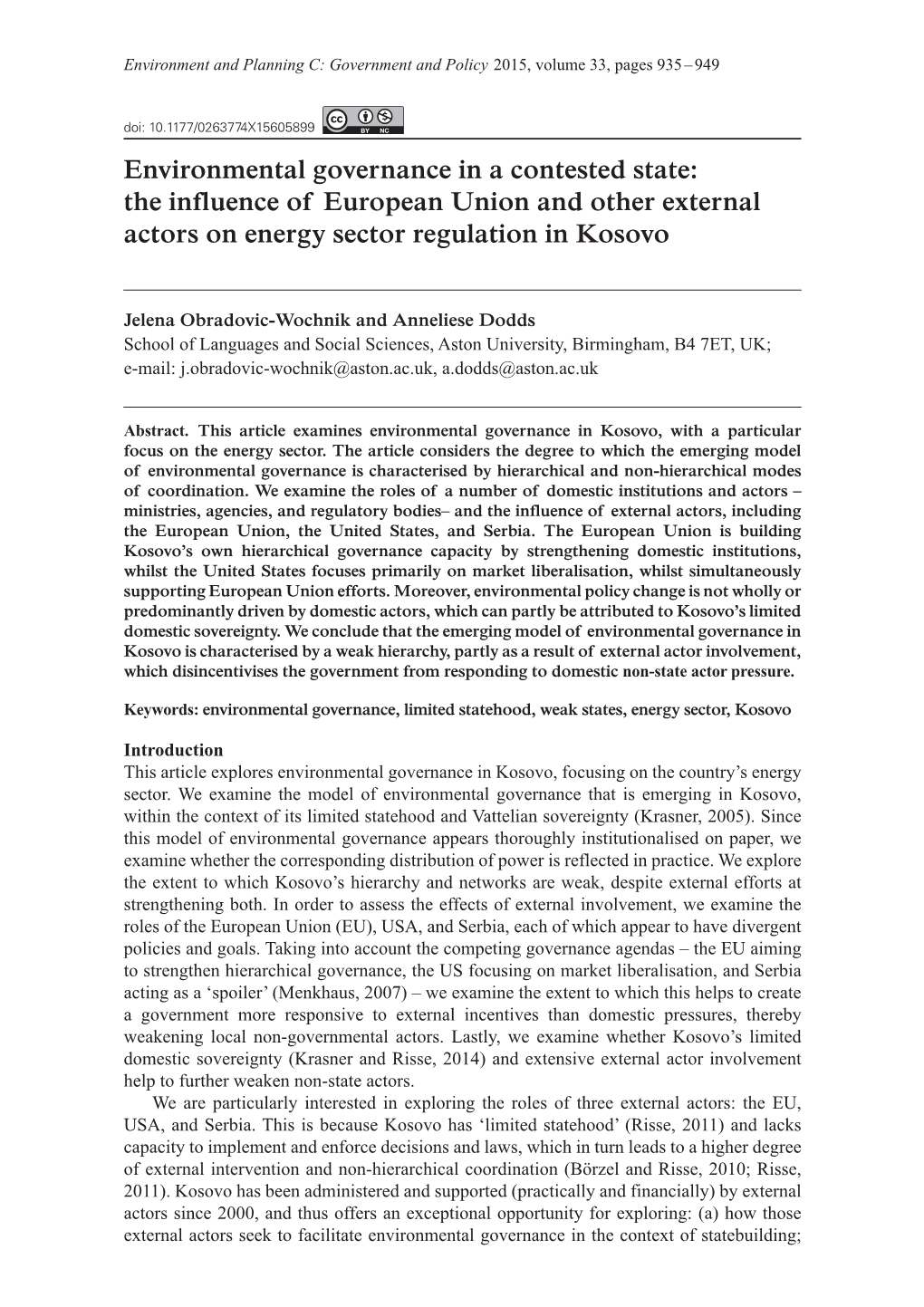 Environmental Governance in a Contested State: the Influence of European Union and Other External Actors on Energy Sector Regulation in Kosovo