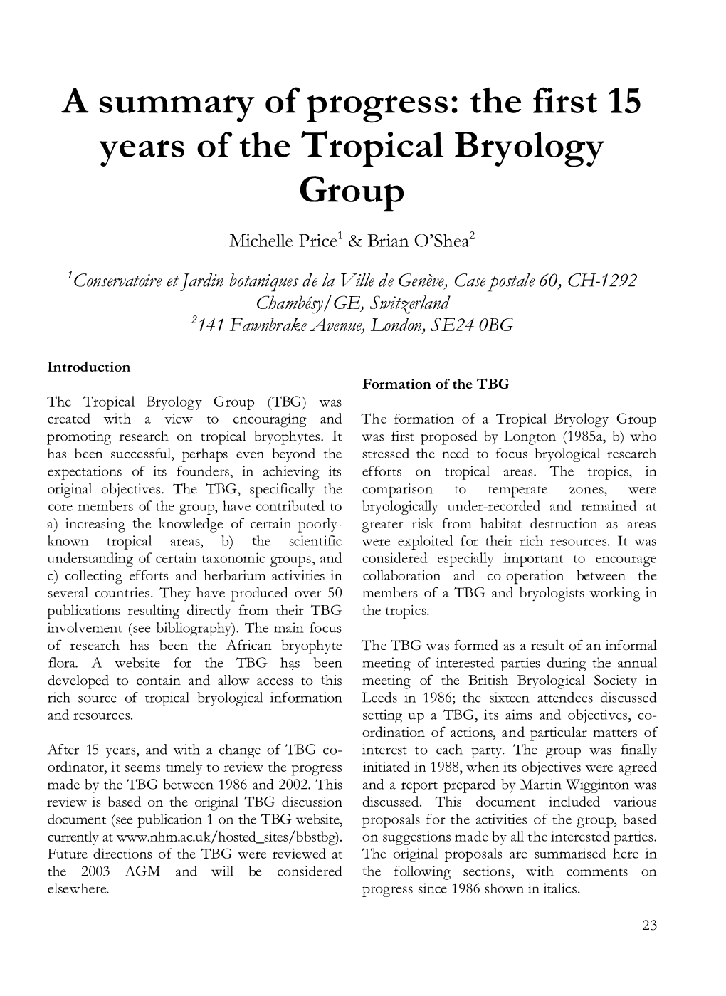 The First 15 Years of the Tropical Bryology Group