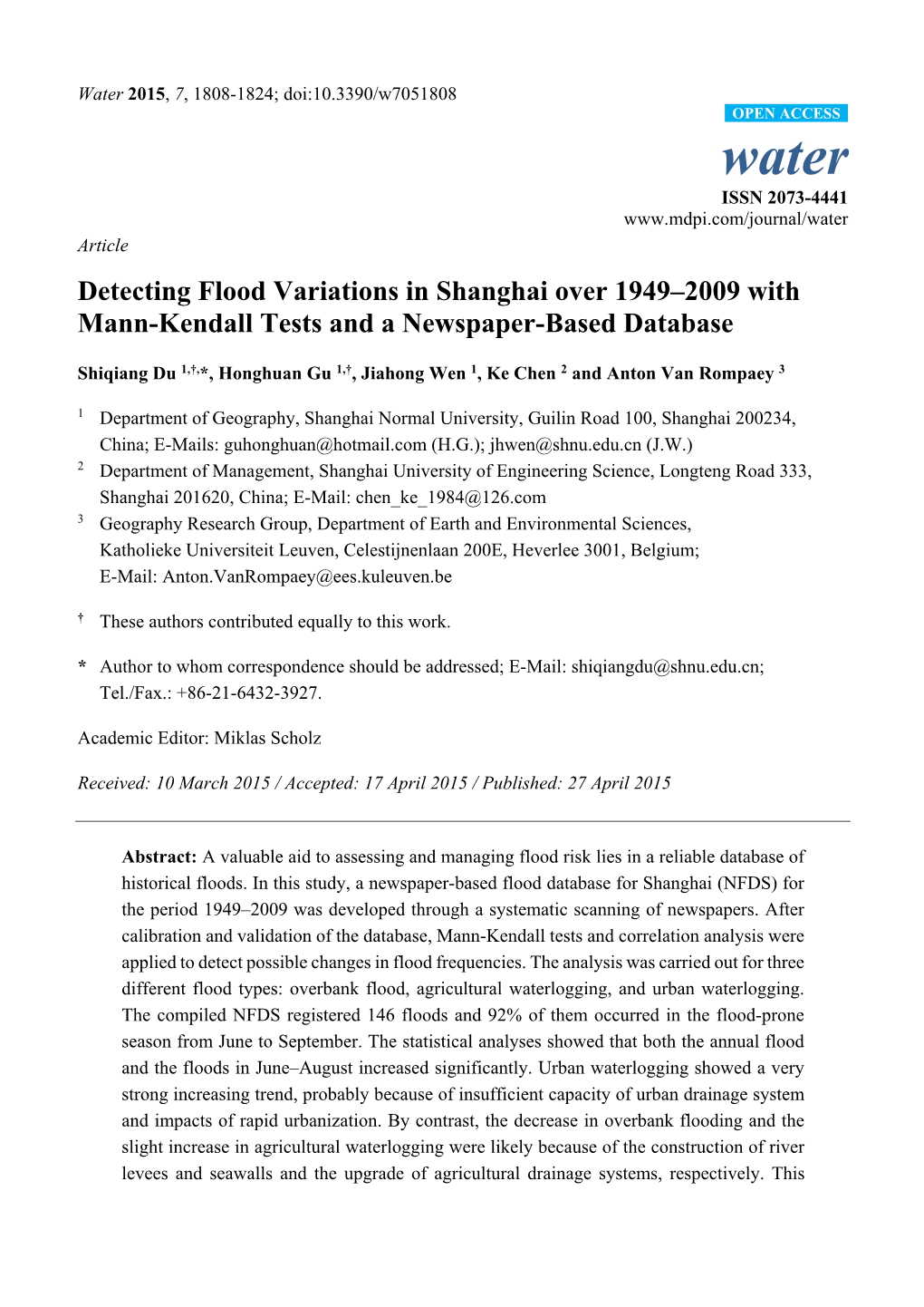 Detecting Flood Variations in Shanghai Over 1949–2009 with Mann-Kendall Tests and a Newspaper-Based Database