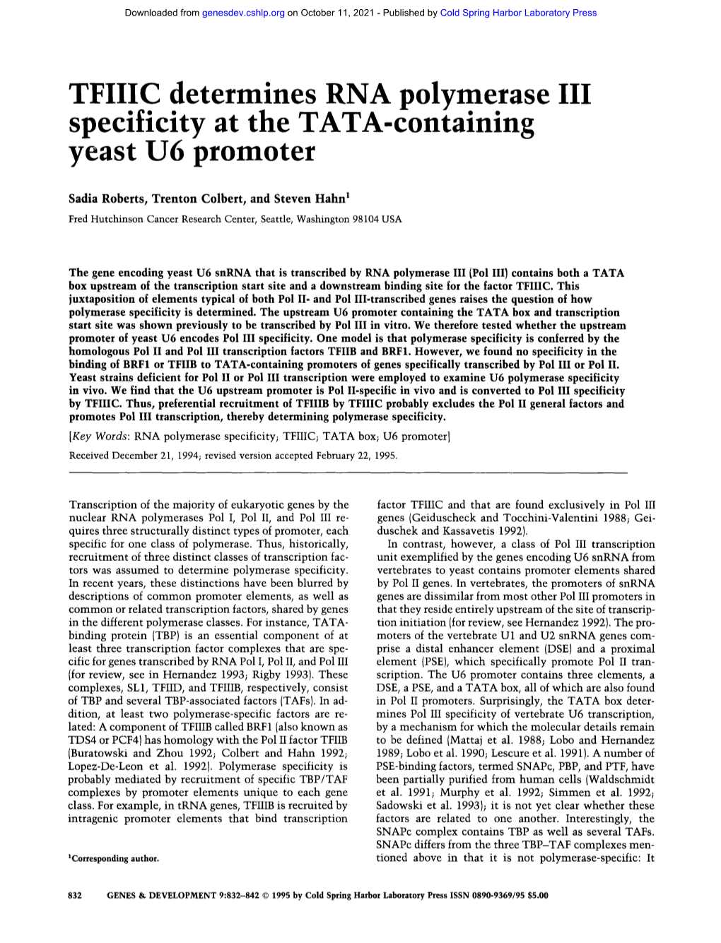 TFIIIC Determines RNA Polymerase III Specificity at the TATA-Containing Yeast U6 Promoter