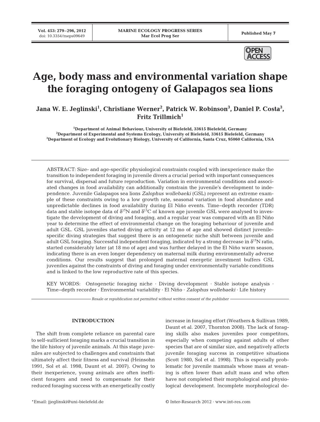 Age, Body Mass and Environmental Variation Shape the Foraging Ontogeny of Galapagos Sea Lions