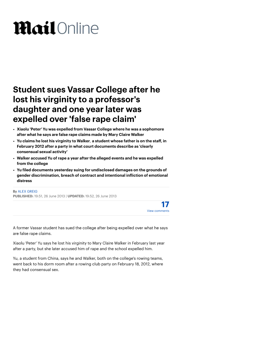 Student Sues Vassar College After He Lost His Virginity to a Professor's