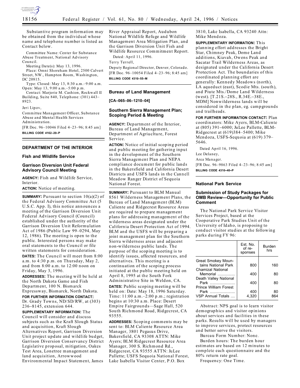 Federal Register / Vol. 61, No. 80 / Wednesday, April 24, 1996 / Notices