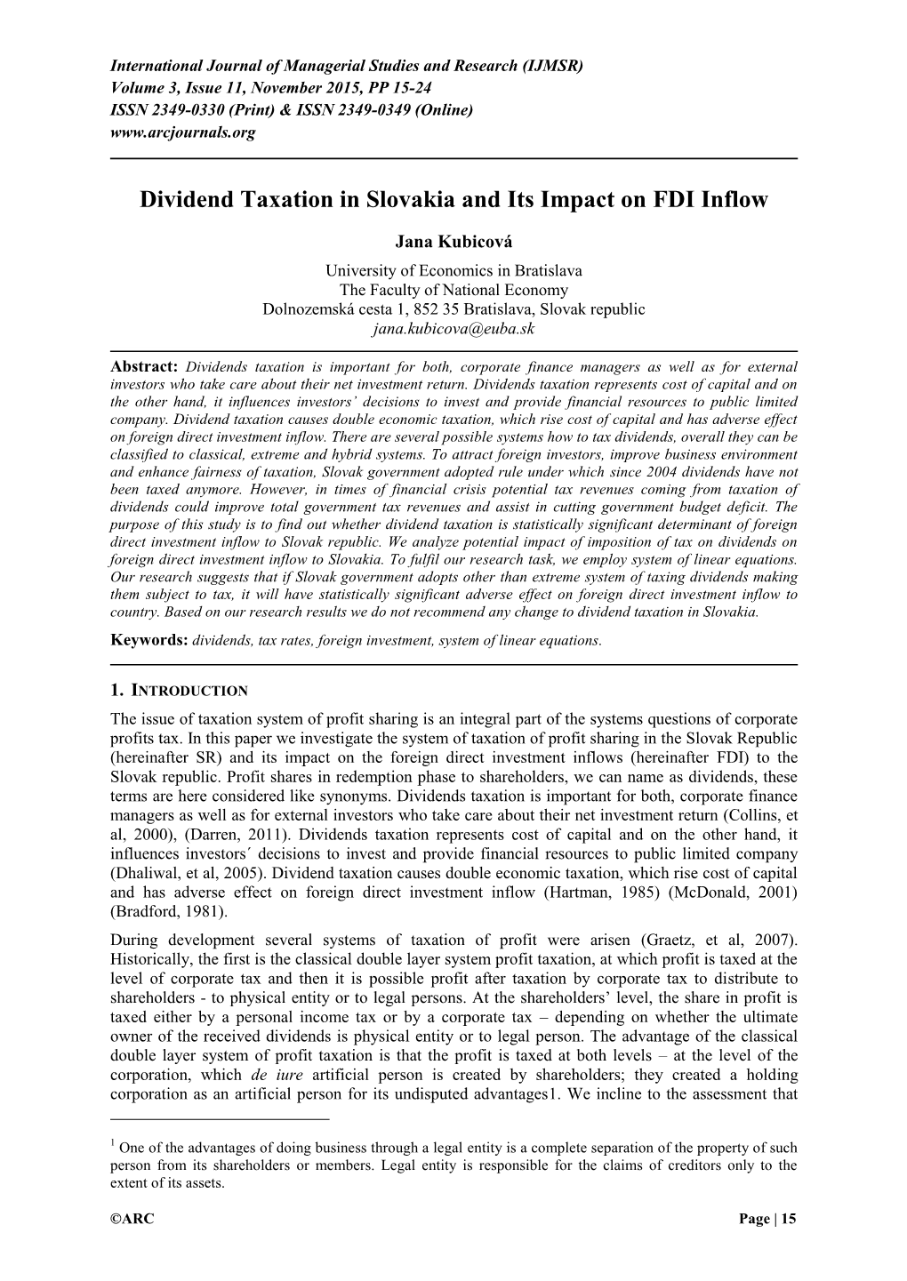 Dividend Taxation in Slovakia and Its Impact on FDI Inflow
