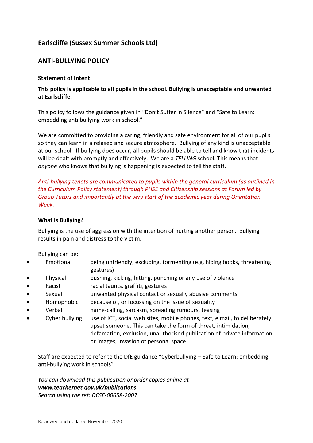 Earlscliffe (Sussex Summer Schools Ltd) ANTI-BULLYING POLICY