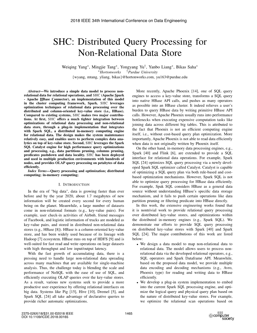 SHC: Distributed Query Processing for Non-Relational Data Store