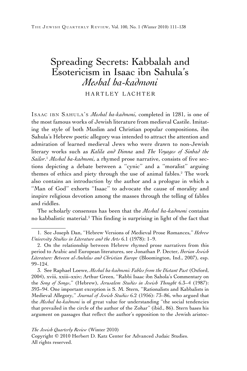 Spreading Secrets: Kabbalah and Esotericism in Isaac Ibn Sahula's Meshal Ha-Kadmoni