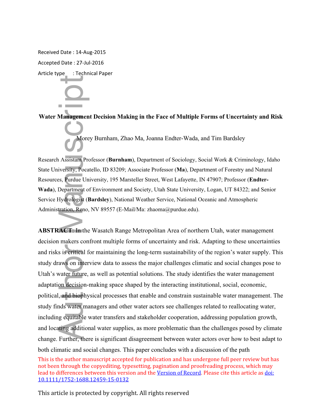 Water Management Decision Making in the Face of Multiple Forms of Uncertainty and Risk