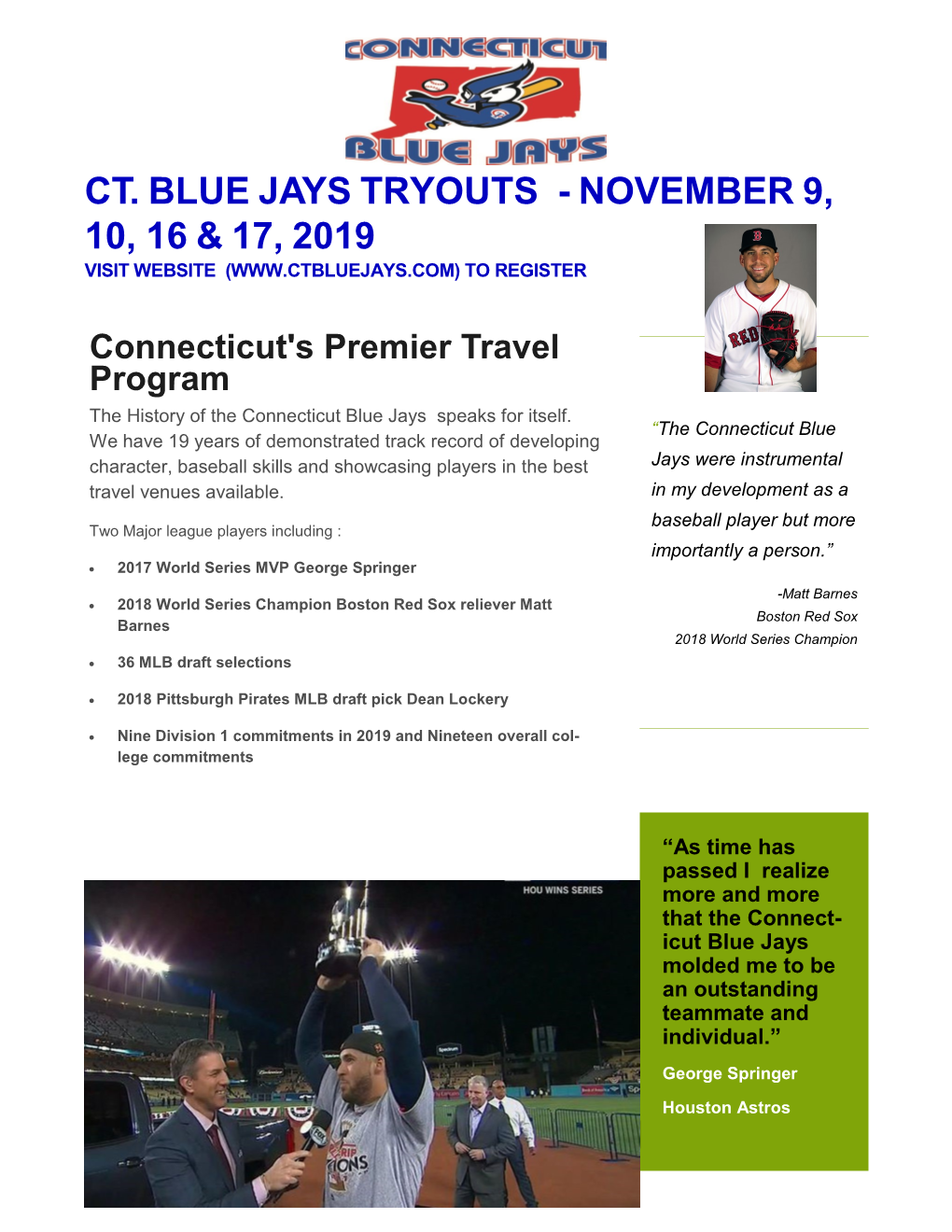 Ct. Blue Jays Tryouts - November 9, 10, 16 & 17, 2019 Visit Website ( to Register