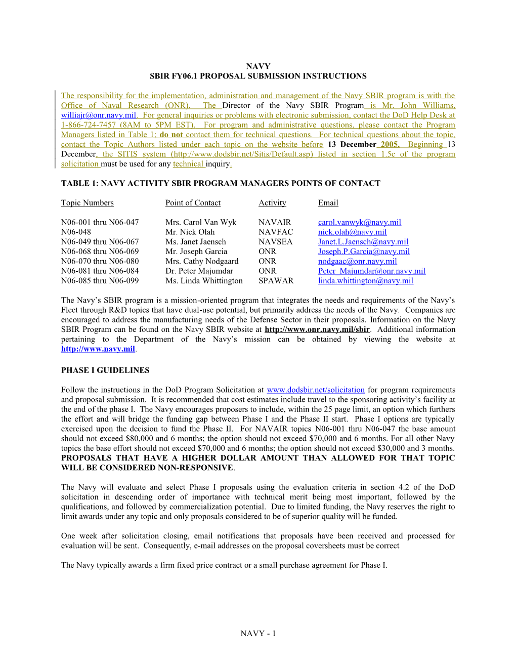 Sbir Fy06.1 Proposal Submission Instructions